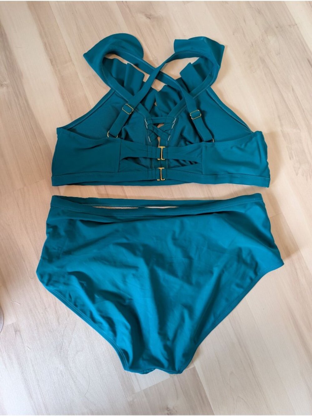 Ruffled Teal Bikini Set With High-Waist Bottoms & Criss-Cross Back 2X